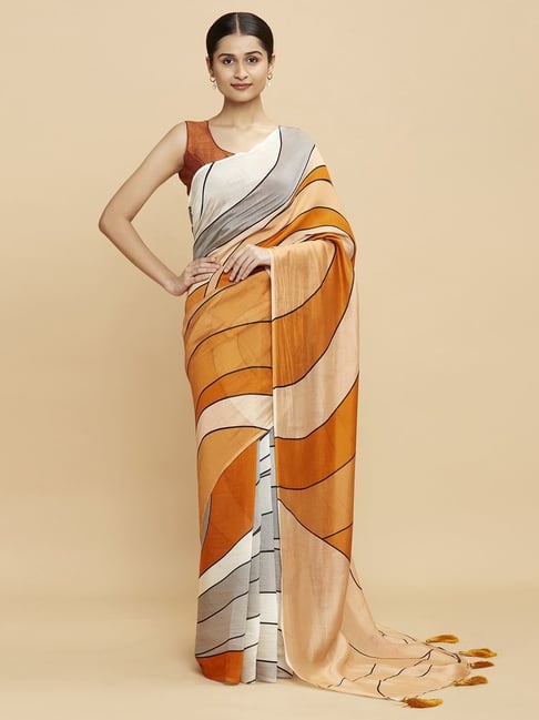 Navyasa Mustard liva Organza Abstract Printed Saree With Coordinated Unstitched Blouse Piece Price in India