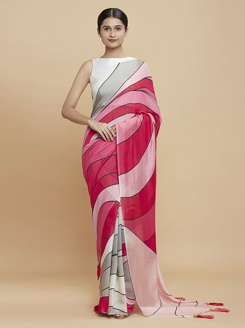 Navyasa Pink liva Organza Abstract Printed Saree With Coordinated Unstitched Blouse Piece Price in India