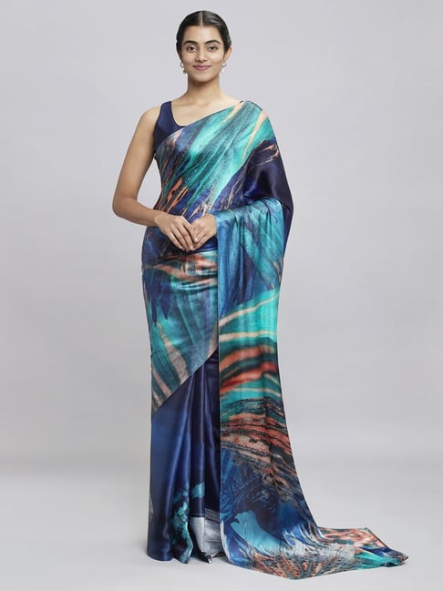 Navyasa Navy Liva Satin Abstract Printed Saree With Coordinated Unstitched Blouse Piece Price in India