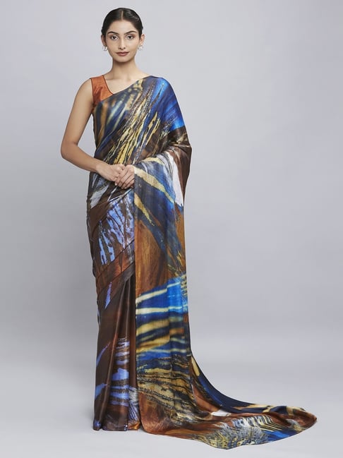 Navyasa Brown Liva Satin Abstract Printed Saree With Coordinated Unstitched Blouse Piece Price in India