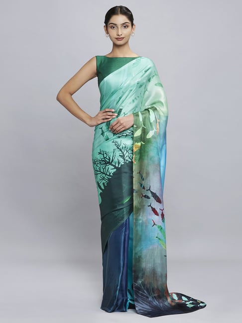 Navyasa Blue Liva Satin Abstract Printed Saree With Coordinated Unstitched Blouse Piece Price in India
