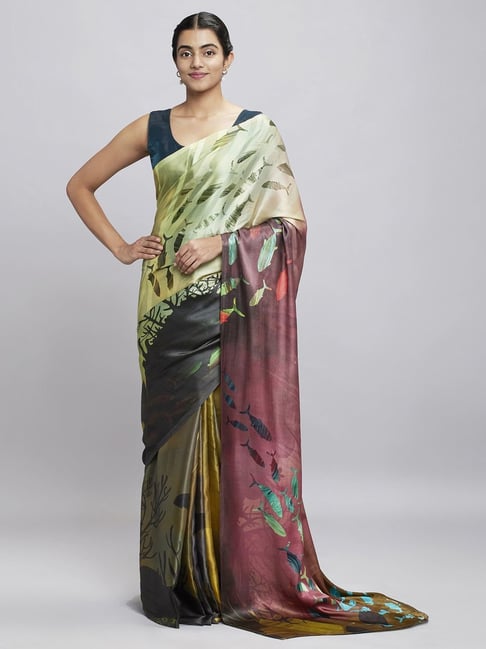 Navyasa Mustard Liva Satin Abstract Printed Saree With Coordinated Unstitched Blouse Piece Price in India