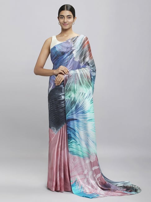 Navyasa Lilac Liva Satin Abstract Printed Saree With Coordinated Unstitched Blouse Piece Price in India