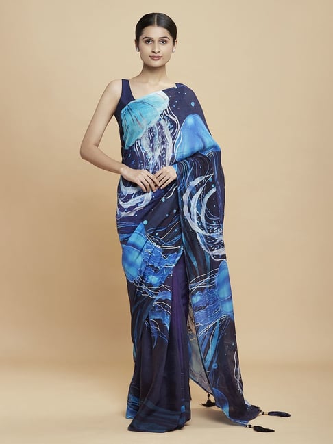 Navyasa Navy liva Organza Abstract Printed Saree With Coordinated Unstitched Blouse Piece Price in India