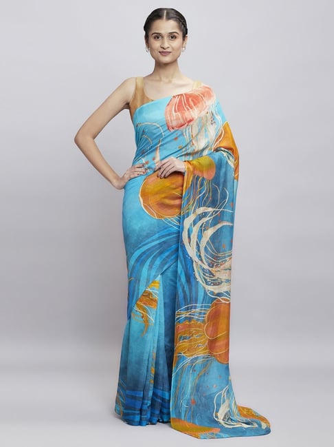 Navyasa Powder Blue liva Organza Abstract Printed Saree With Coordinated Unstitched Blouse Piece Price in India