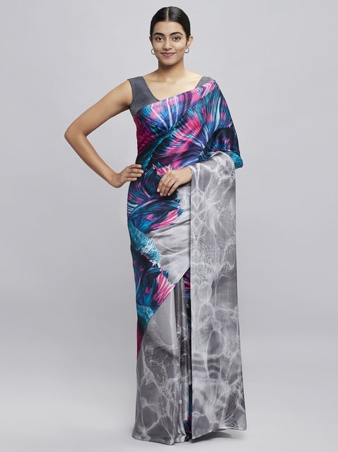 Navyasa Grey Liva Satin Abstract Printed Saree With Coordinated Unstitched Blouse Piece Price in India