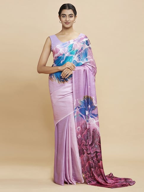 Navyasa Lavender Liva Satin Abstract Printed Saree With Coordinated Unstitched Blouse Piece Price in India
