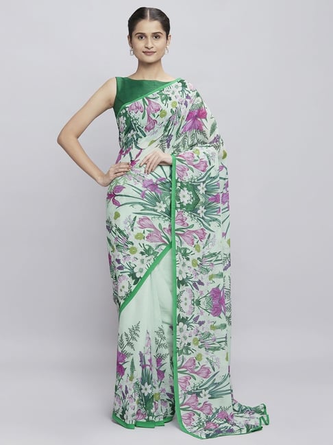 Navyasa Pista Green Liva Georgette Floral Printed Saree With Coordinated Unstitched Blouse Piece Price in India