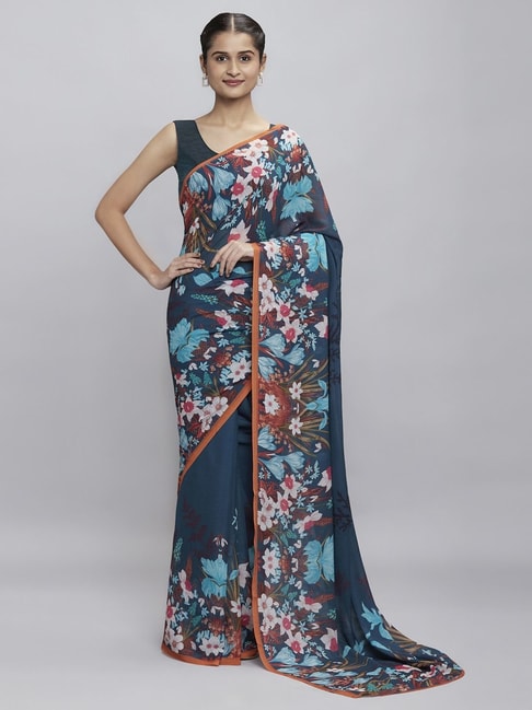Navyasa Deep Blue Liva Georgette Floral Printed Saree With Coordinated Unstitched Blouse Piece Price in India