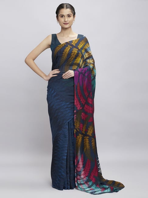Navyasa Dark Blue liva Organza Floral Printed Saree With Coordinated Unstitched Blouse Piece Price in India