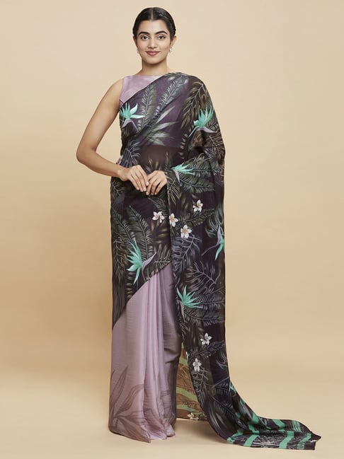 Navyasa Lavender Liva Lite Floral Printed Saree With Coordinated Unstitched Blouse Piece Price in India