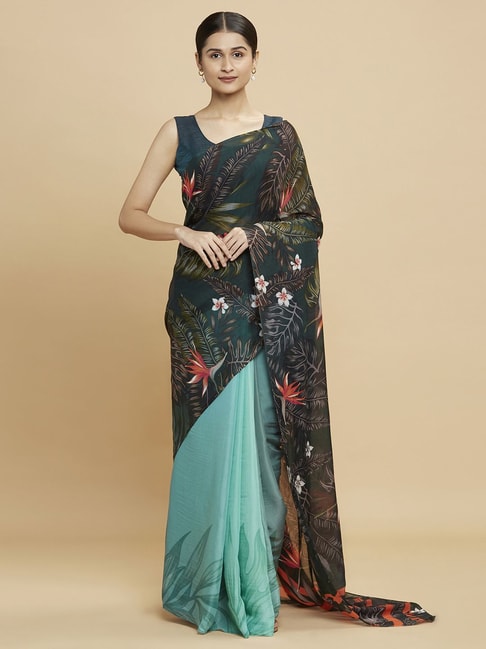 Navyasa Light Green Liva Lite Floral Printed Saree With Coordinated Unstitched Blouse Piece Price in India