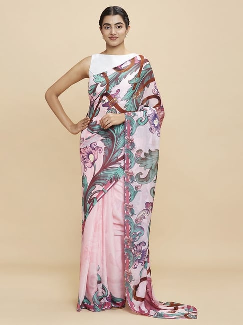 Navyasa Pink Liva Lite Floral Printed Saree With Coordinated Unstitched Blouse Piece Price in India