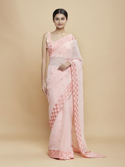 Navyasa Peach Liva Georgette Pastel Embroidered Saree With Coordinated Unstitched Blouse Piece Price in India
