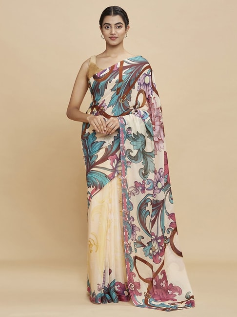 Navyasa Yellow Liva Lite Floral Printed Saree With Coordinated Unstitched Blouse Piece Price in India