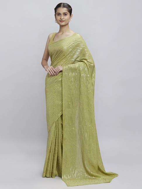 Navyasa Olive Liva Lite Pastel Foil Saree With Coordinated Unstitched Blouse Piece Price in India
