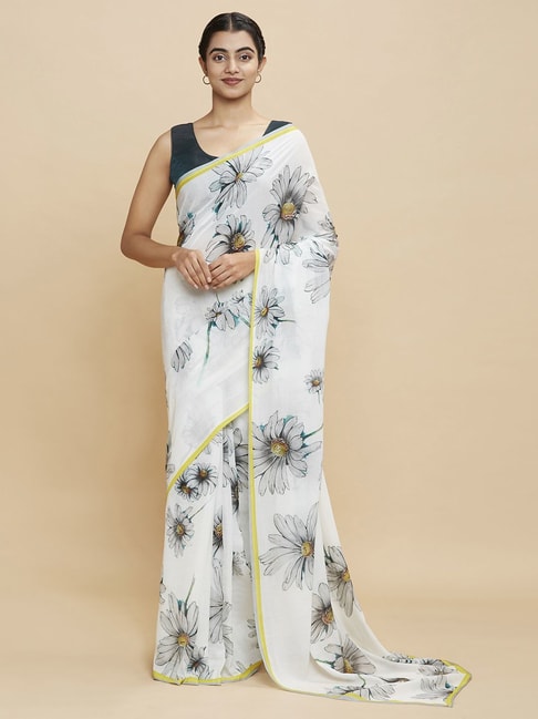 Navyasa White Liva Georgette Monochrome Printed Saree With Coordinated Unstitched Blouse Piece Price in India