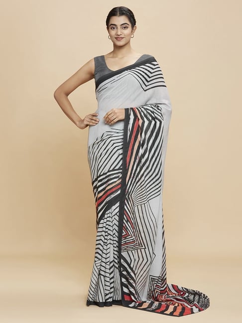 Navyasa Grey Liva Georgette Monochrome Printed Saree With Coordinated Unstitched Blouse Piece Price in India