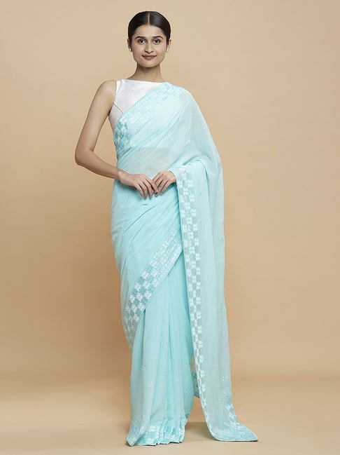 Navyasa Sky Blue Liva Georgette Pastel Embroidered Saree With Coordinated Unstitched Blouse Piece Price in India