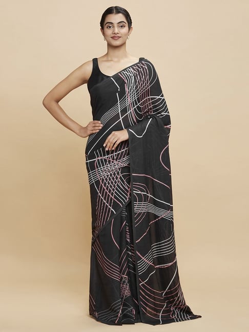Navyasa Black Liva Georgette Monochrome Printed Saree With Coordinated Unstitched Blouse Piece Price in India