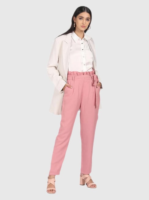 Women Pink  White Floral Printed MidRise TieUp Waist SideSlit Tapered  Regular Trousers  Berrylush