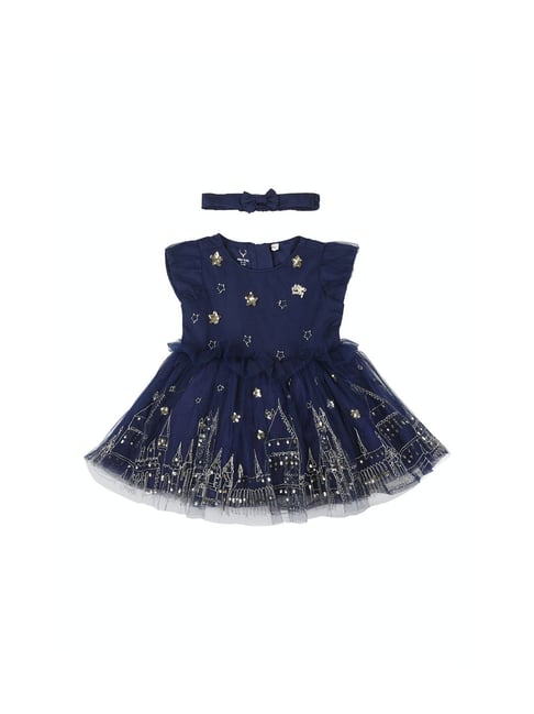 Allen Solly Junior Navy Embellished Dress with Hairband