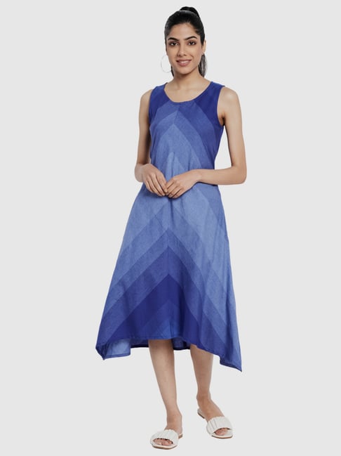 Fabindia Blue Cotton Printed A-Line Dress