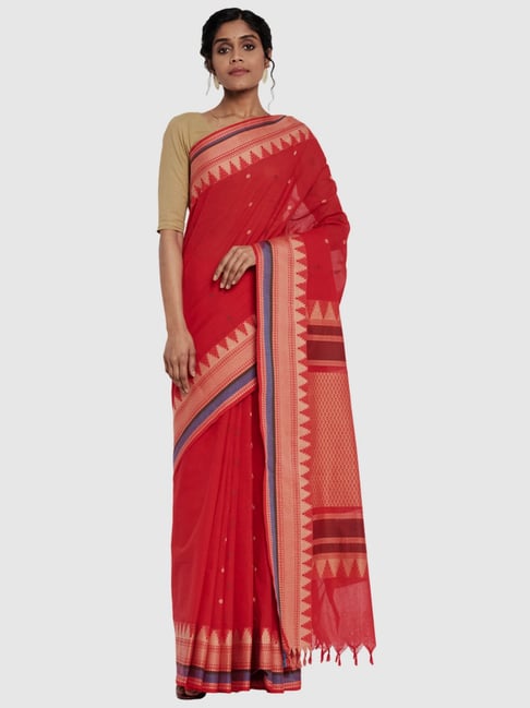 Fabindia Red Cotton Woven Pattern Saree Price in India