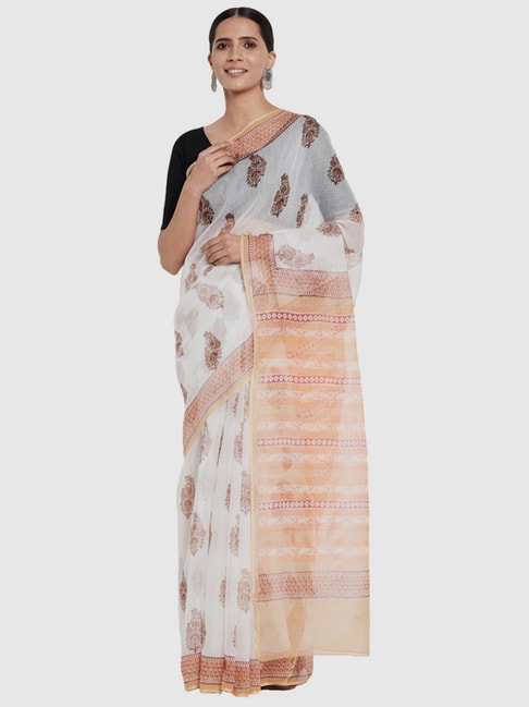 Fabindia White & Orange Printed Saree Price in India