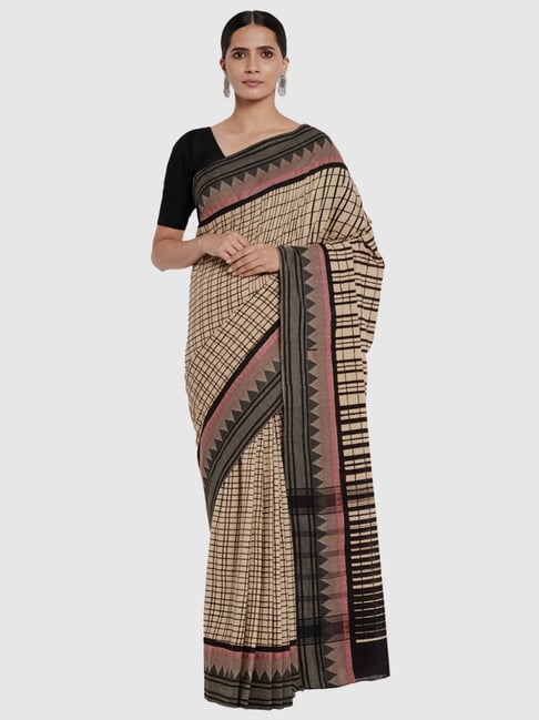 Fabindia Beige & Black Cotton Printed Saree Price in India