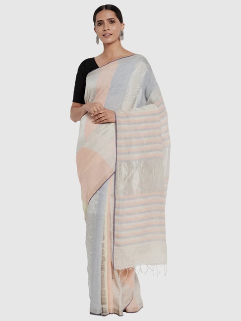 Fabindia Blue & Beige Linen Printed Saree Price in India