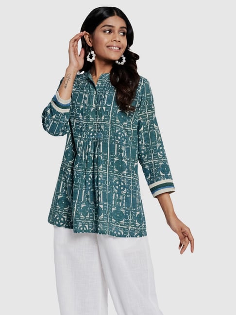 Fabindia Green Cotton Printed Top Price in India