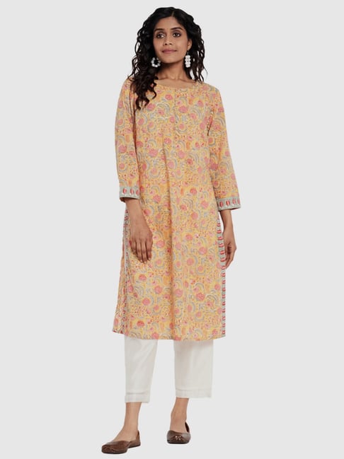 Fabindia Yellow Cotton Printed Straight Kurta Price in India