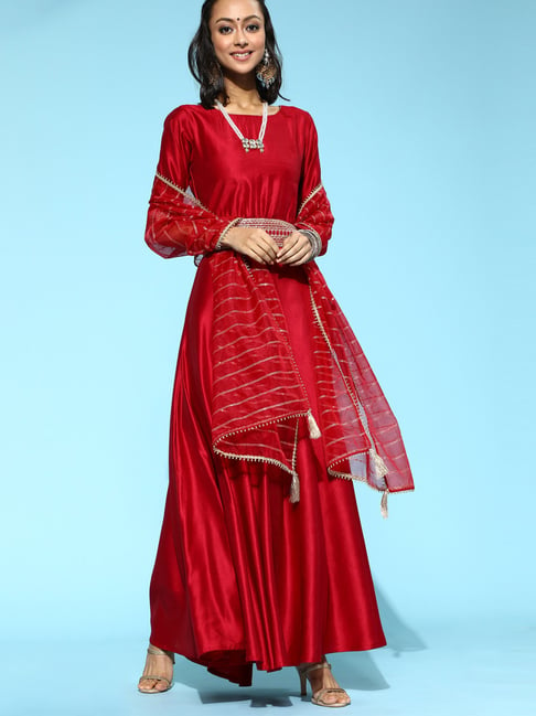 Indo Era Red Embroidered Maxi Dress With Belt & Dupatta Price in India