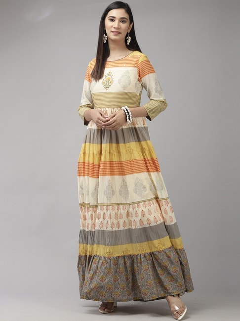 Indo Era Multicolored Cotton Printed Maxi Dress With Dupatta Price in India