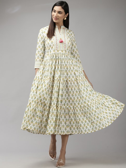Indo Era Off-White Cotton Printed A-Line Dress Price in India