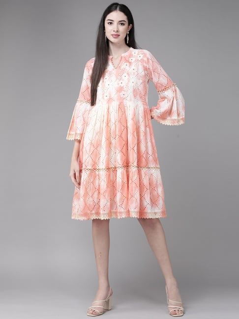 Indo Era Peach Cotton Embroidered A-Line Dress Price in India