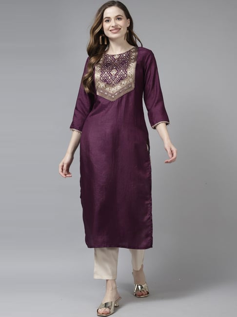 Indo Era Purple Woven Pattern Straight Kurta Price in India