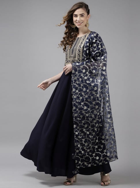 Indo Era Navy Embroidered Flared Kurta With Dupatta Price in India