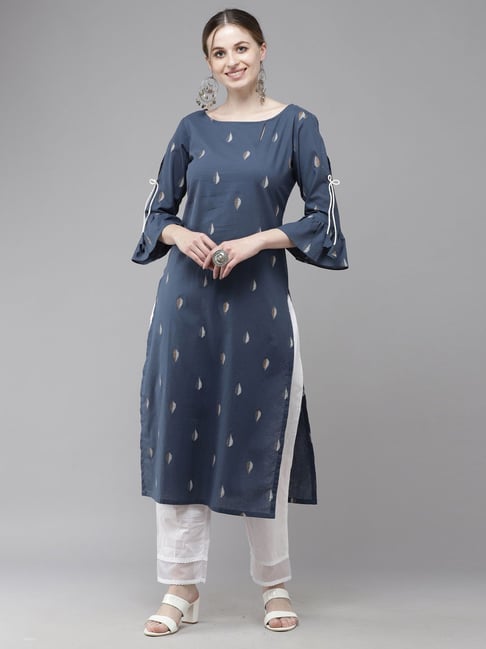 Indo Era Navy Printed Straight Kurta Price in India