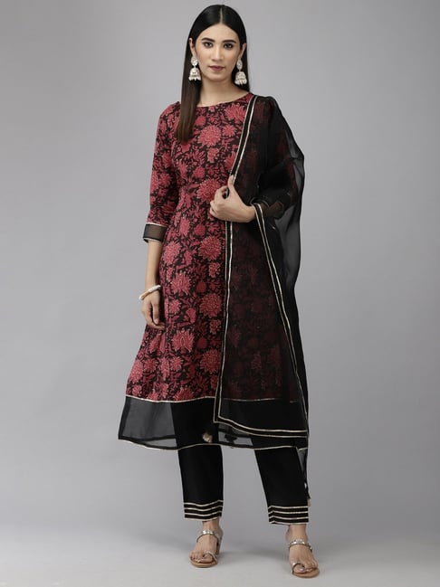 Indo Era Black & Pink Floral Print Kurta Pant Set With Dupatta Price in India