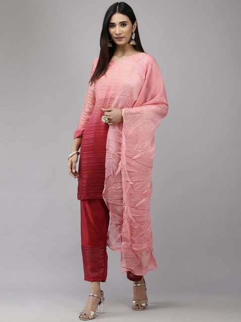 Indo Era Maroon & Pink Striped Kurti Pant Set With Dupatta Price in India