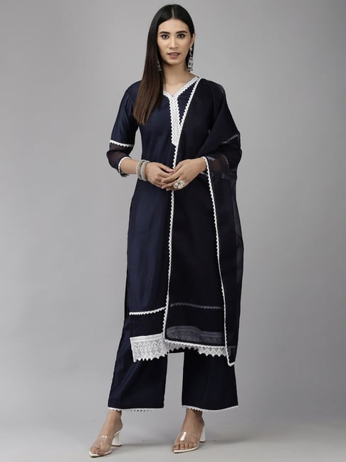 Indo Era Navy Embroidered Kurta Palazzo Set With Dupatta Price in India