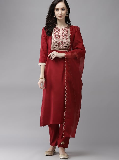 Indo Era Red Woven Pattern Kurta Pant Set With Dupatta Price in India