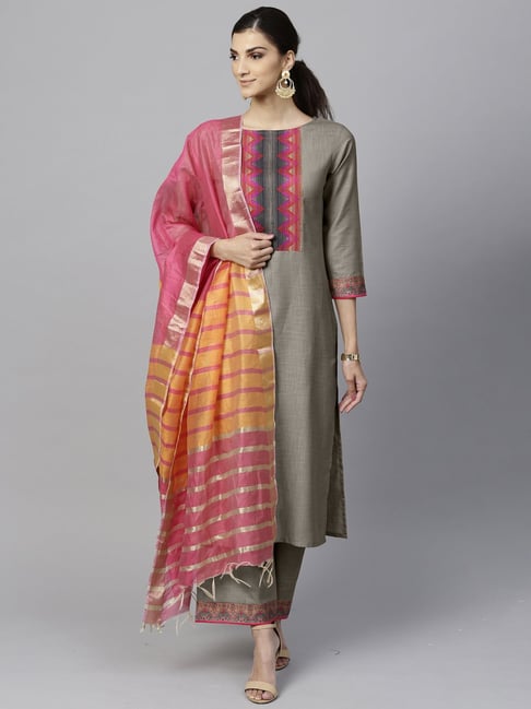 Indo Era Grey Printed Kurta Palazzo Set With Dupatta Price in India