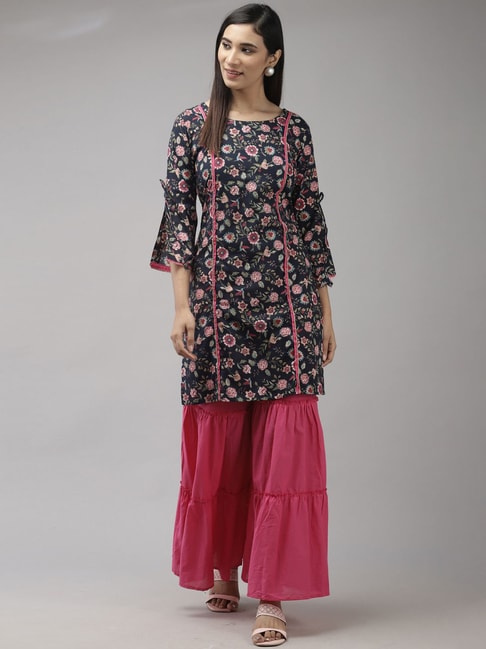 Indo Era Navy & Pink Floral Print Kurti Sharara Set Price in India