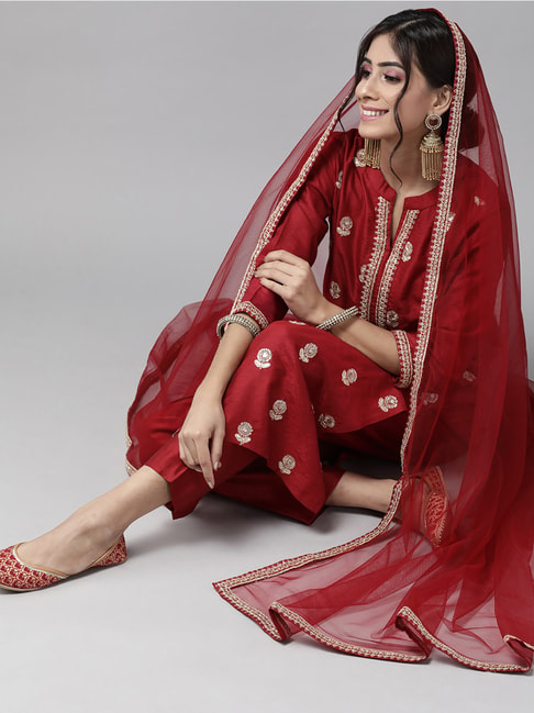 Indo Era Red Embroidered Kurta Pant Set With Dupatta Price in India