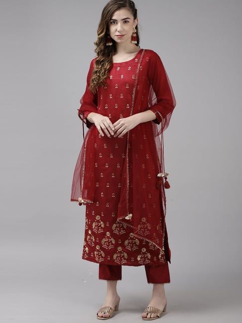 Indo Era Red Embroidered Kurta Pant Set With Dupatta Price in India