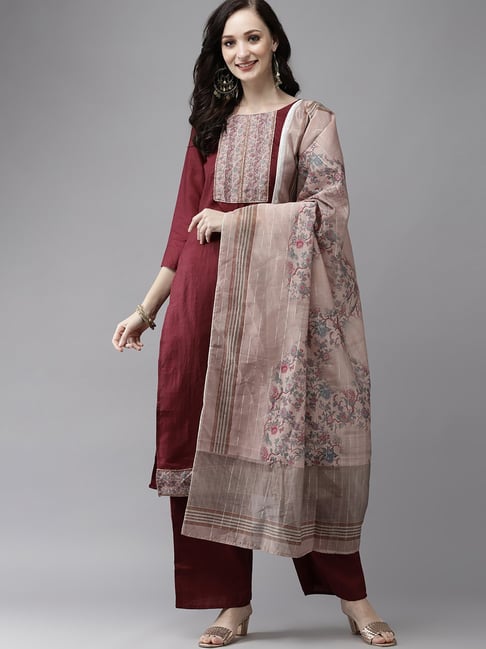 Indo Era Maroon Printed Kurta Palazzo Set With Dupatta Price in India