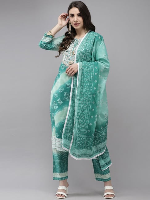 Indo Era Green Bandhani Print Kurta Pant Set With Dupatta Price in India